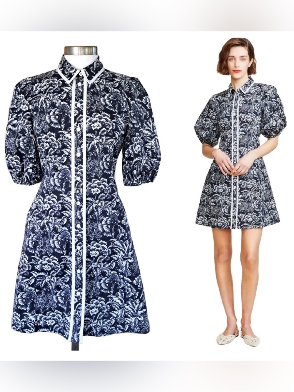 Pearl Navy and White Floral Button-Front Mini Dress